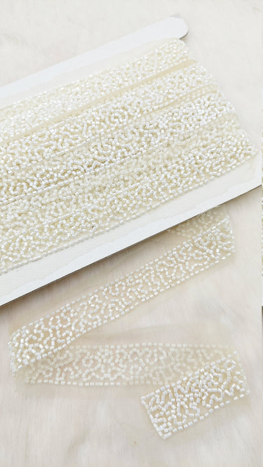 White Wedding Net Bridal Trim In White Beaded Embroidery, Hand Embroidered Bead Lace, Embroidered Lace